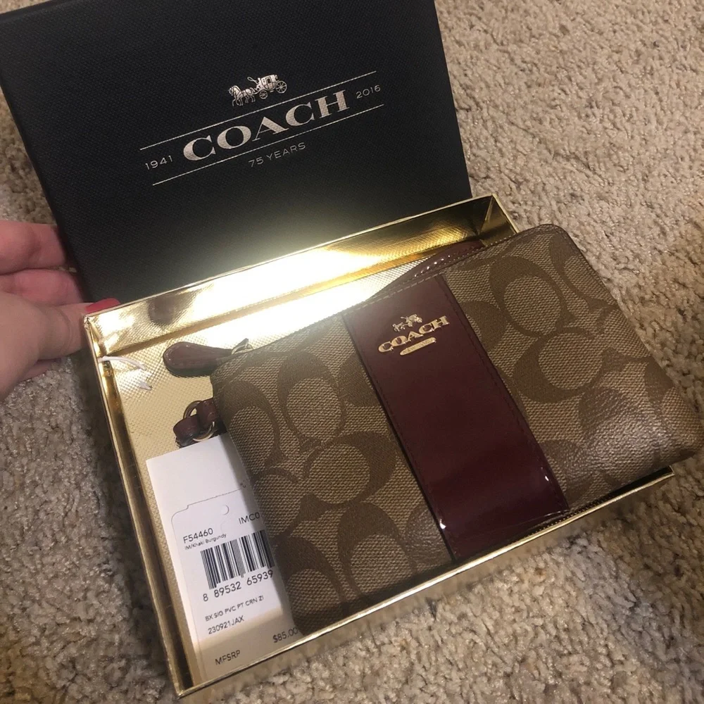 Coach Brown Signature Wristlet with Burgundy Patent Stripe